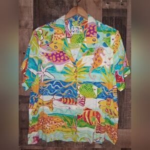 Jams World Vintage Creatures of the Sea Button Front Short Sleeve Top Shirt 2X